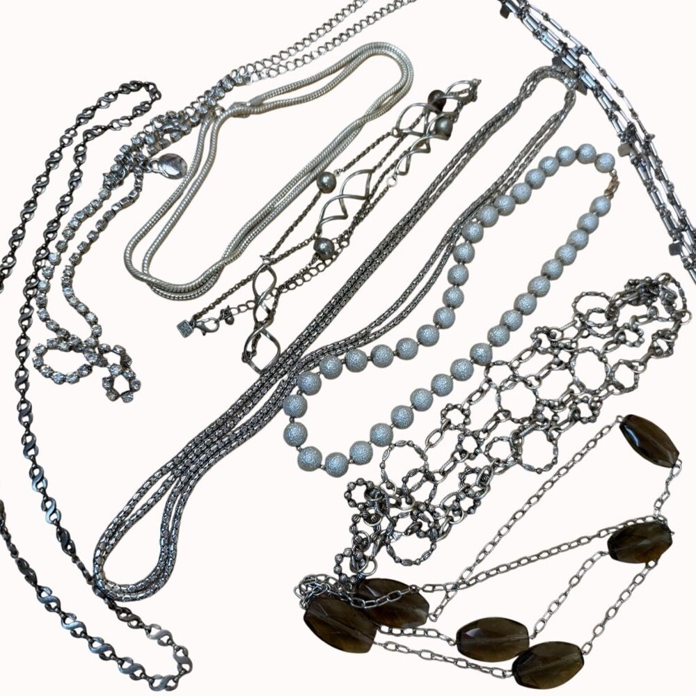 Necklace Lot Silver Tone, Beaded, Long, Chains, Some Signed, Exact Lot Shown